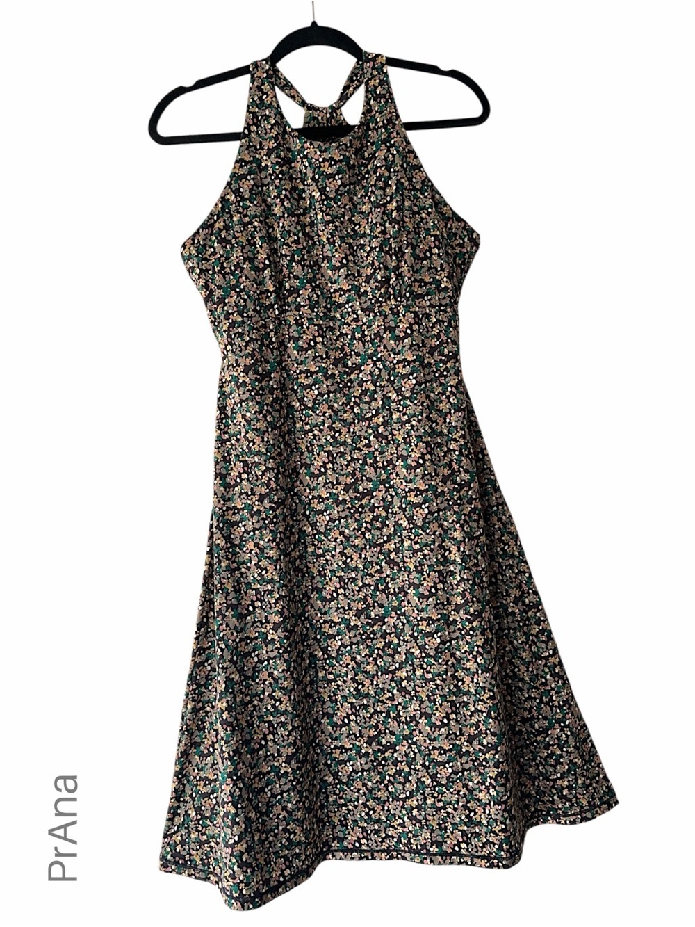 PRANA NWOT JEWEL LAKE BLACK BLOSSOM DRESS TWIST BACK BUILT-IN BRA STRETCH MEDIUM